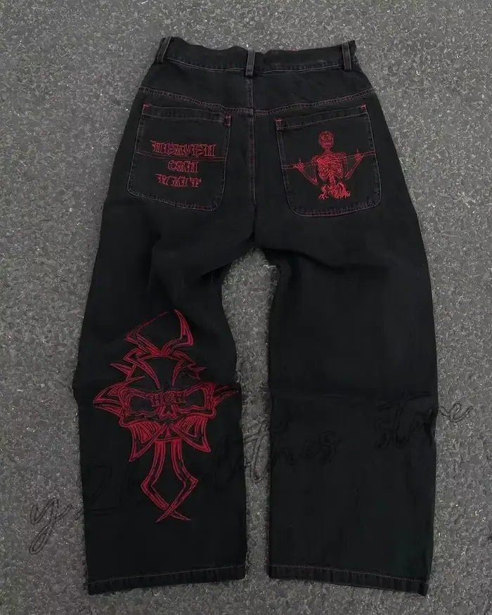 Nouveau Jean Y2K pour Homme, style Hip Hop, avec broderie crâne rétro, en denim délavé, coupe droite