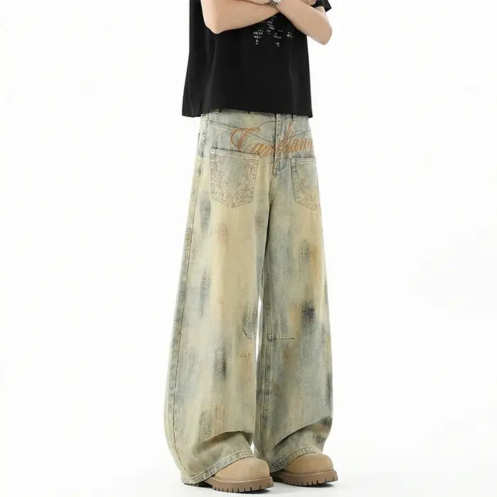 Jean vintage pour homme, délavé, effet vieilli, broderie script, coupe oversize, jambe large, style 