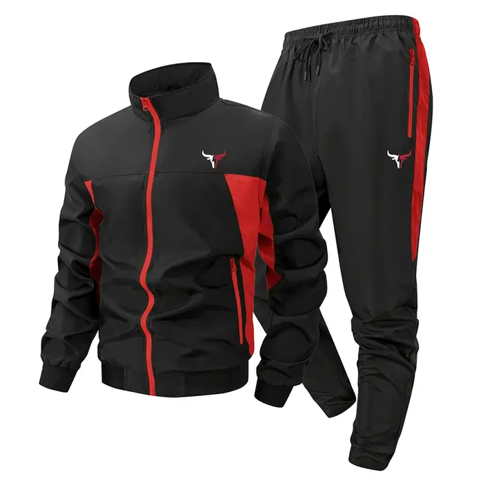 Ensemble de sport Colorblock imprimé taureau pour hommes, col montant d'extérieur, veste zippée, man