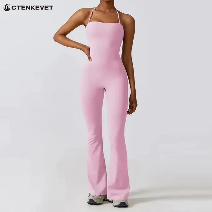 Combinaison de Yoga sans Manches Femme - Salopette Sport Dos Nu Évasée pour la Gym Tenue de Sport Feminine
