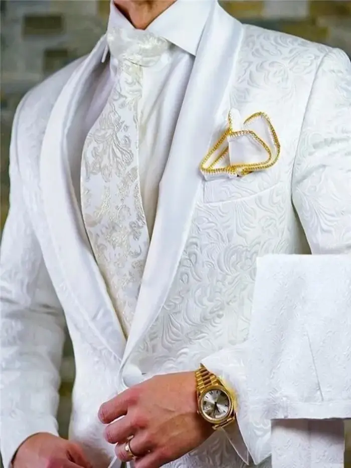 GroomTIME-Costumes 2 pièces en satin blanc pour hommes, smokings de marié, châle, revers, mariage, m