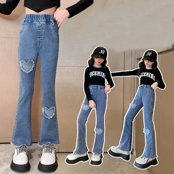 Jeans en dentelle perlée pour adolescentes, pantalons en denim pour filles, pantalons monochromes à 