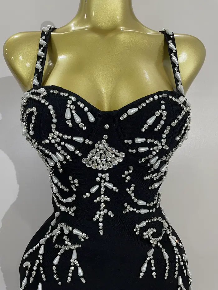 2025 Nouveau Sexy Dos Nu Noir Perles Longue Moulante Bandage Robe Femmes Célébrité Élégant Soirée Cl