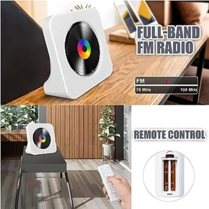 Qoosea Lecteur CD de bureau Bluetooth portable pour la maison avec minuterie Haut-parleurs HiFi inté