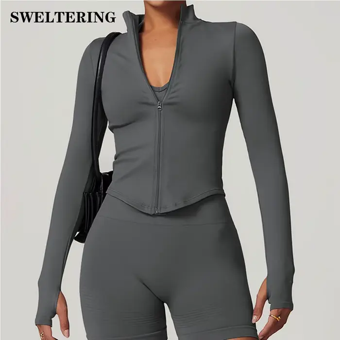 Veste à fermeture éclair pour femmes, haut court, T-shirts de Yoga, haut de Sport solide, chemises d
