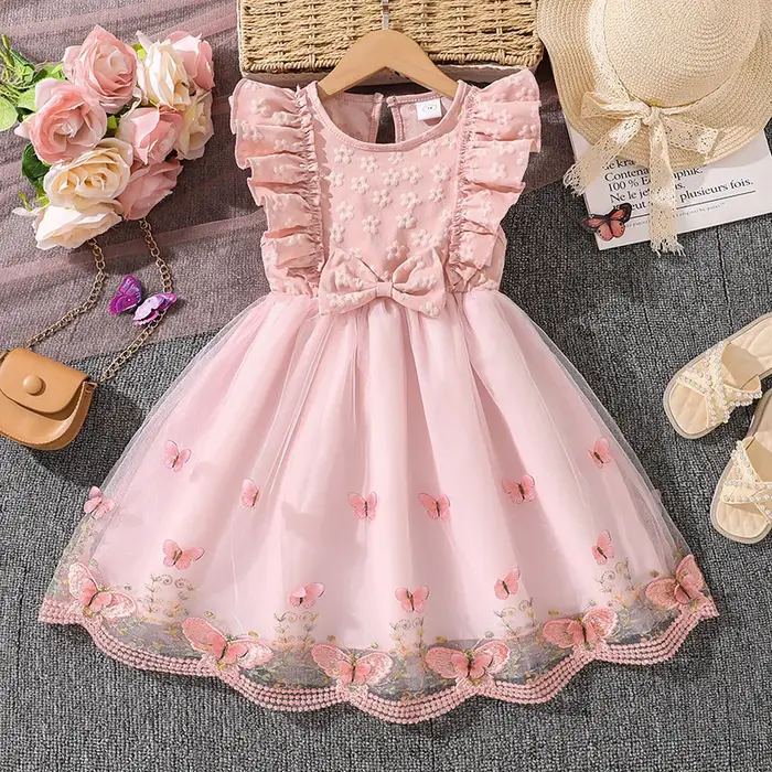 Robe de princesse pour filles de 4 à 7 ans, col rond, manches à ailes, nœud papillon, imprimé Floral