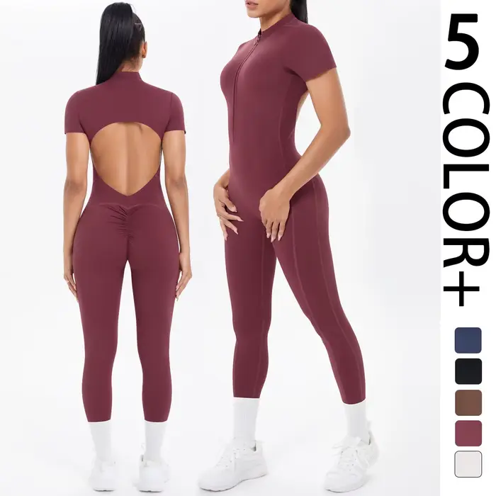 Combinaison de Fitness à manches courtes pour femmes, body dos nu, couleur unie, froissé, une pièce,