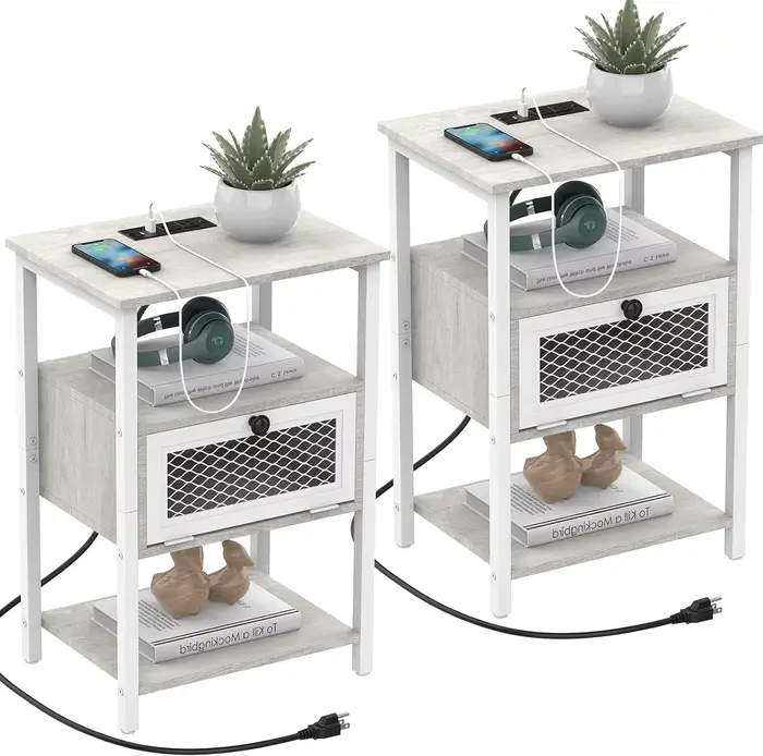 Ensemble de table de chevet avec station de charge, rangement à rabat, table de chevet pour chambre 