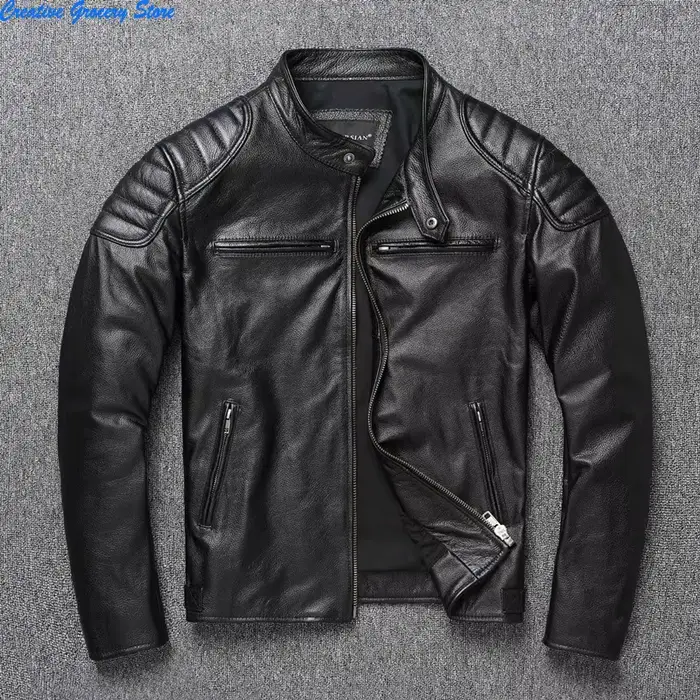 Veste de moto en cuir de vache pour hommes, col montant, mode, couleur unie, ample, polyvalente, déc