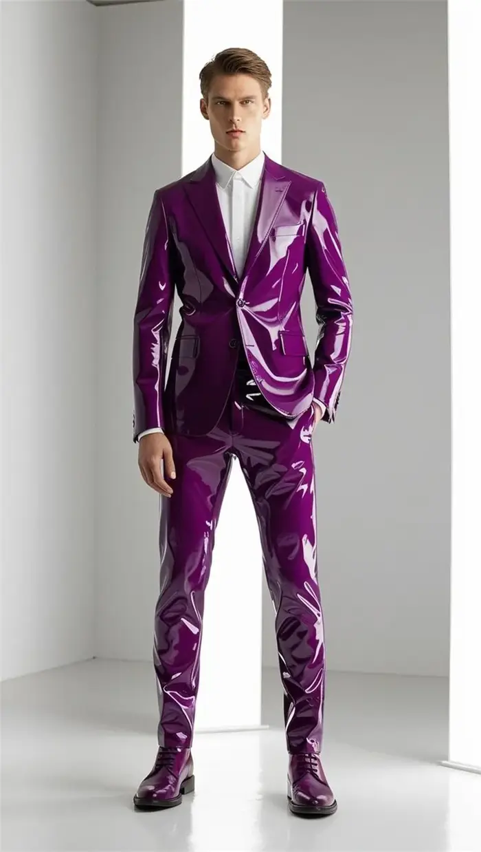 Ensemble de costumes en cuir PU brillant pour hommes, 2 pièces, Blazer + pantalon, smoking de mariag