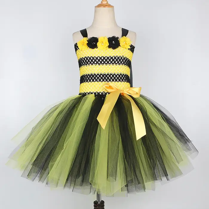 Costumes d'abeilles à fleurs pour bébés filles, robe Tutu jaune et noire avec ailes, tenues d'annive