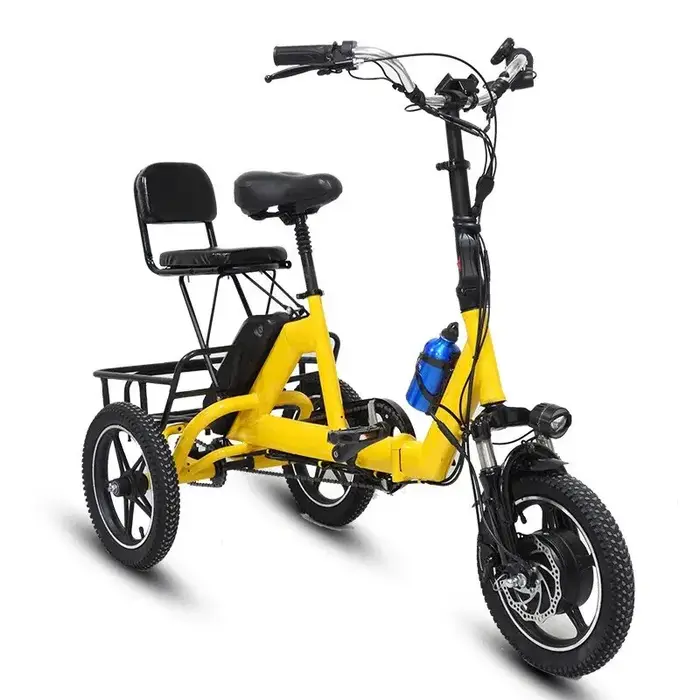 Vélo électrique pliant tricycle adulte siège passager grand panier 14 pouces puissant et stable pour déplacements quotidiens et sorties famille