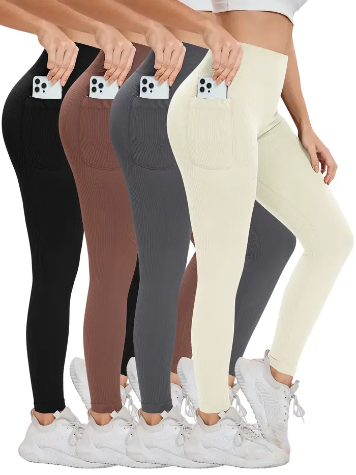 Leggings sport femme taille haute sans couture - Yoga fitness avec poche couleur unie