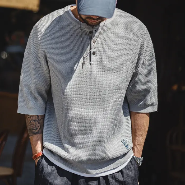 Maden Vintage Boro Style manches courtes Henley chemise hommes été gris coupe ample t-shirt tricot d