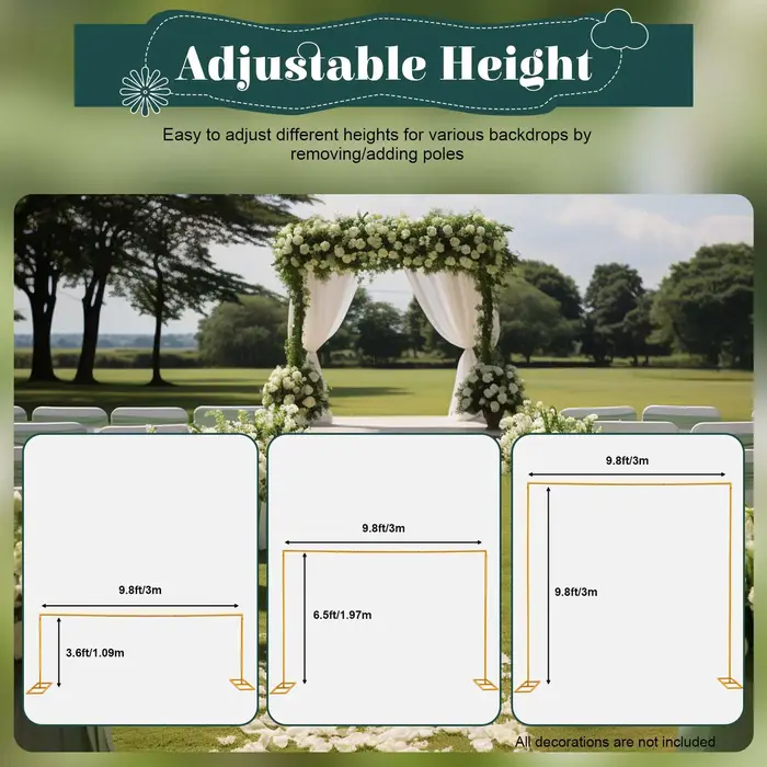 Arche de Mariage en Métal, Cadre à Fleurs, 3x3m, Fond Carré Réglable, Support d'Arc à Ballons, Décor