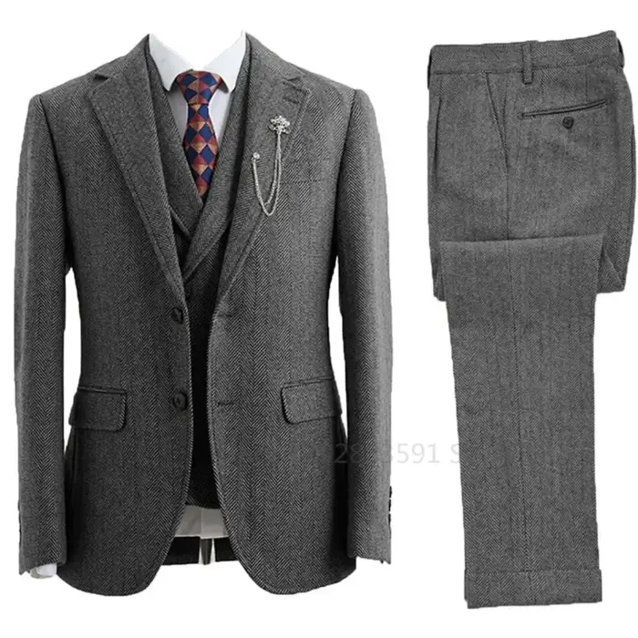 Costume 3 pièces pour hommes, Tweed à chevrons, Double boutonnage, Tuxedos de mariage, taille, vêtem