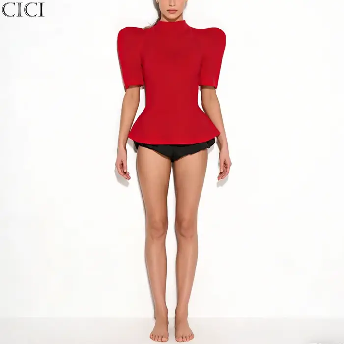 Haut Peplum Femme CiCi Col Montant Manches Courtes Bouffantes Silhouette Structurée Élégant Tenue de