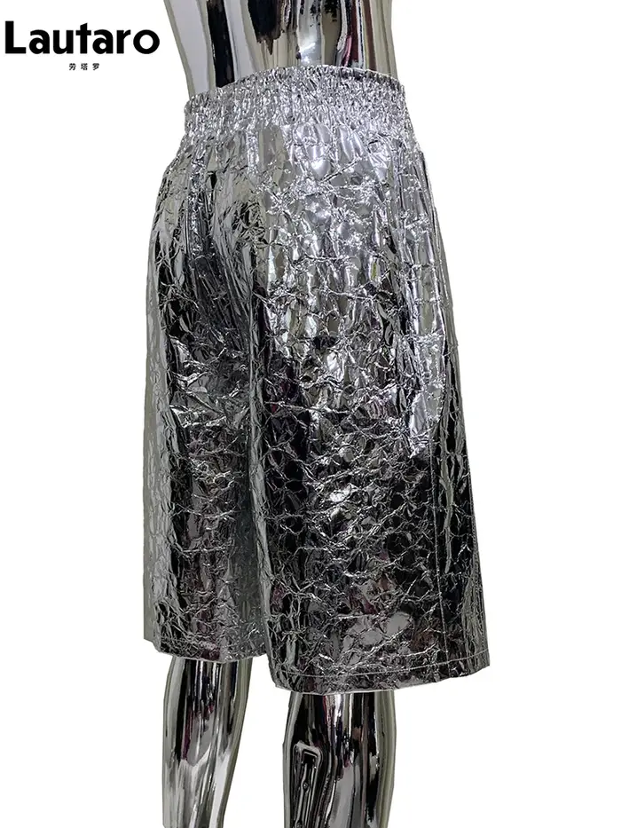 Lautaro été automne brillant argent Faux cuir Shorts pour hommes avec taille haute élastique Y2K Str