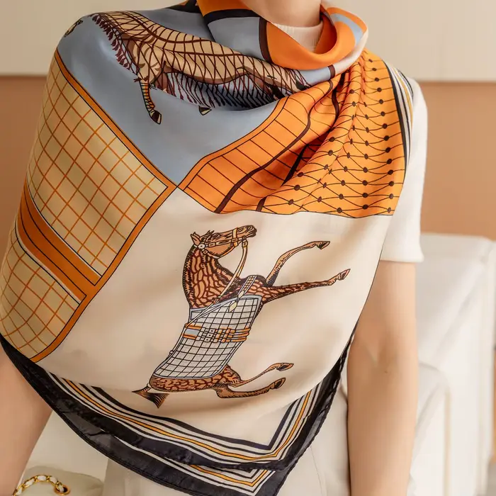 Foulard carré imprimé cheval de luxe, châle Vintage en Imitation soie pour femmes, coupe-vent, envel
