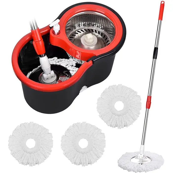 360 °   Ensembles de seaux à vadrouille rotative avec système d'essorage dans 3 têtes en microfibre,