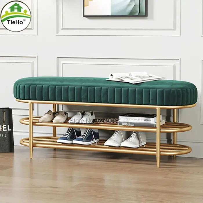 Banc de rangement de chaussures en velours doux 60/80/100CM, meuble à chaussures avec support à 2 ni
