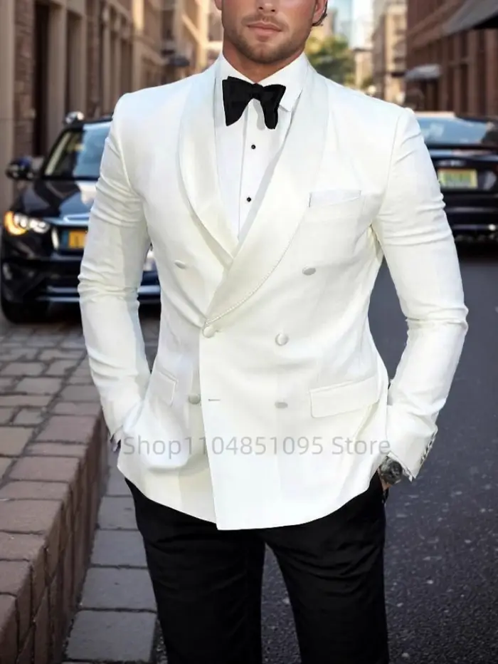 Costume de Mariage et d'Affaires 2 Pièces pour Homme, Couleur Ivoire, avec Blazer Croisé à Revers Po