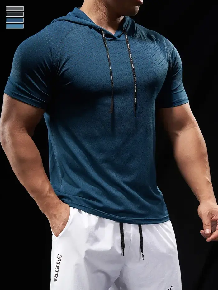 Sweat à capuche homme fitness course musculaire - T-shirt manches courtes cyclisme extérieur