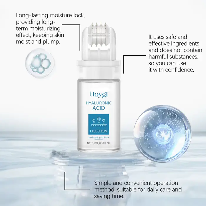 Sérum Visage Acide Hyaluronique Applicateur à Billes Hydratation Profonde Améliore Texture Peau Atténue Ridules Booste Élasticité Eclat Faciale Occasions Spéciales