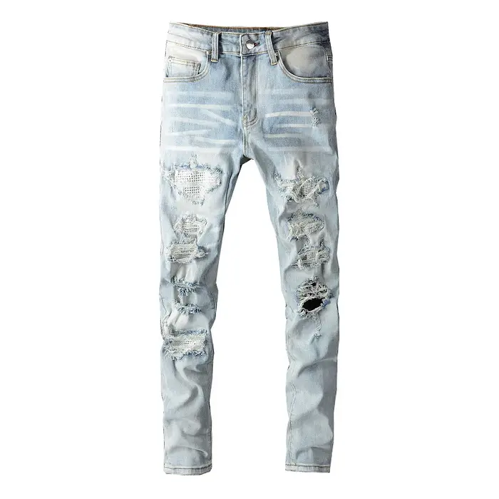 Jean déchiré en Patchwork pour hommes, trous de cristal, Streetwear, Denim bleu clair, Slim, pantalo