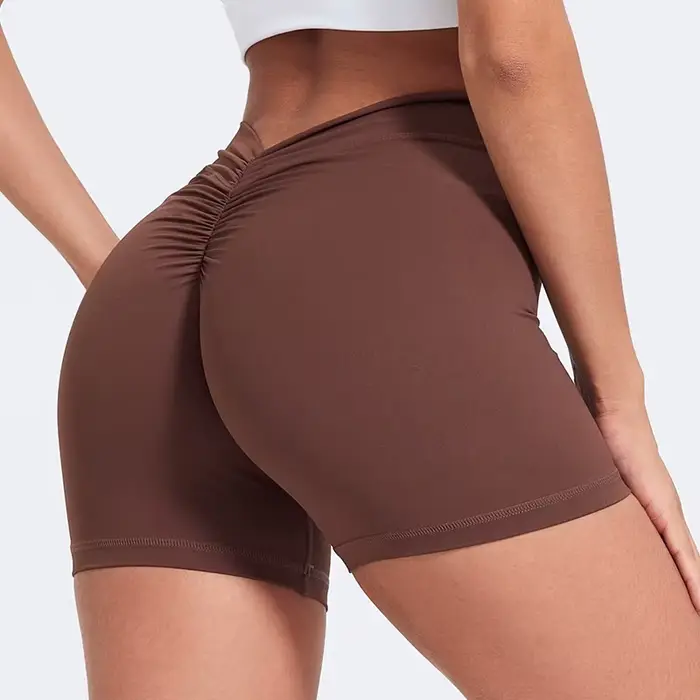 Short yoga femme dos V taille haute - Pantalon fitness moulant nylon levage hanches sexy