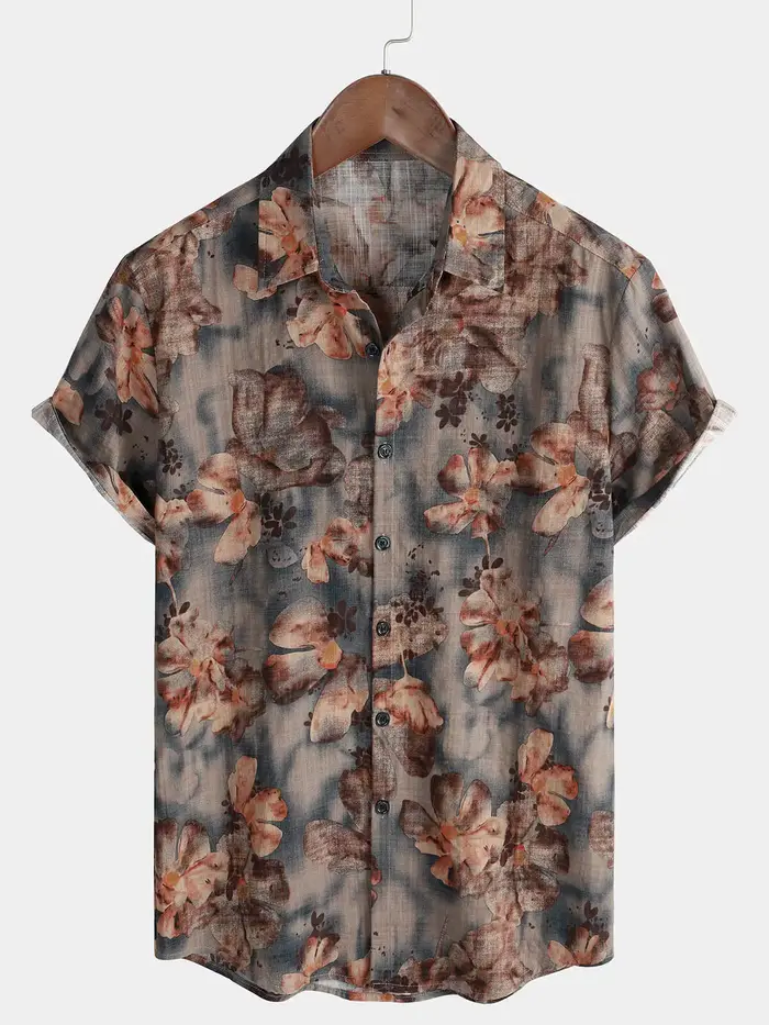 Chemise à manches courtes à imprimé floral rétro pour hommes chemise décontractée à revers simple bo