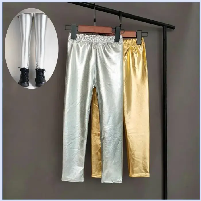 Legging élastique en similicuir pour fille, pantalon crayon skinny, couleur or et argent, collection