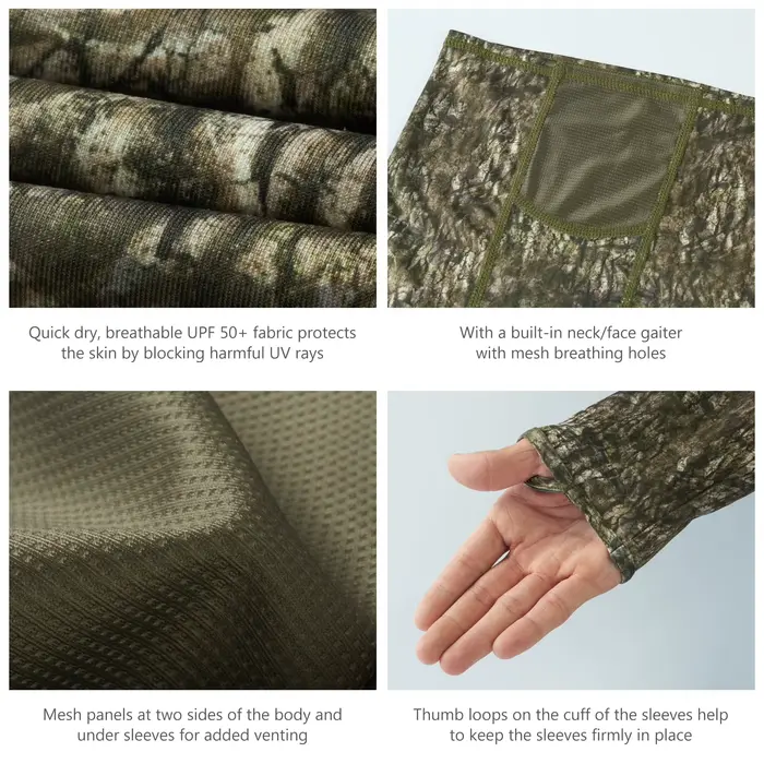 Chemise camouflage Bassdash chasse pêche homme - Sweat capuche UPF 50+ avec masque