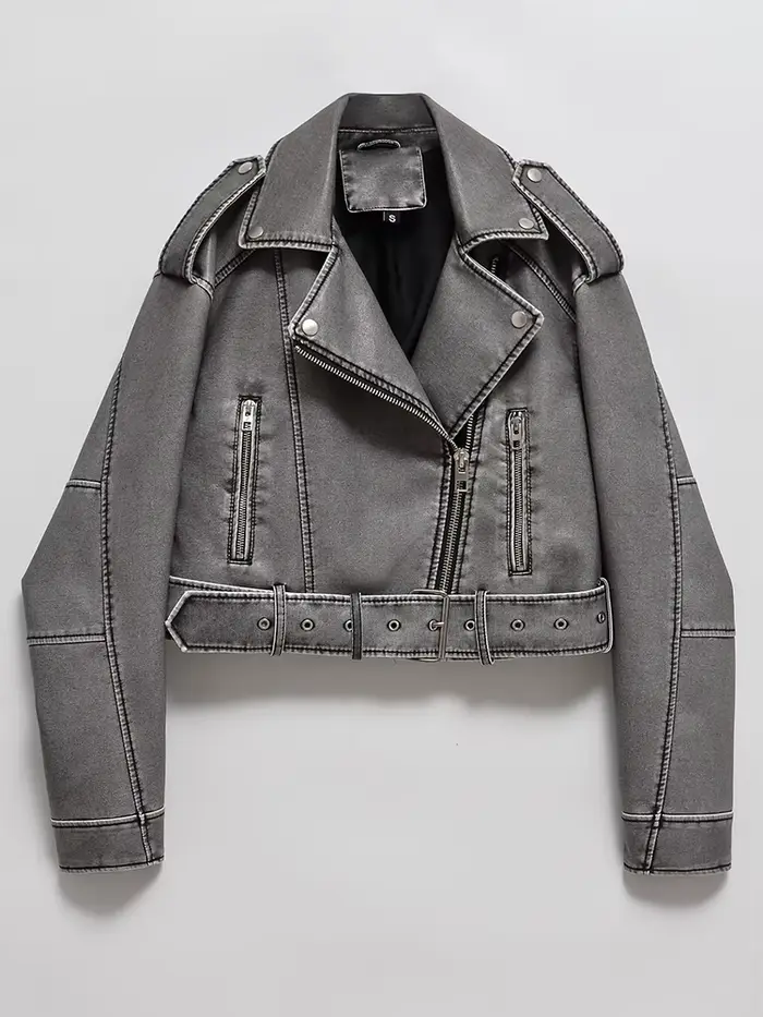 Ailegogo femmes Vintage ample lavé Faux cuir veste courte Streetwear femme fermeture éclair ceinture