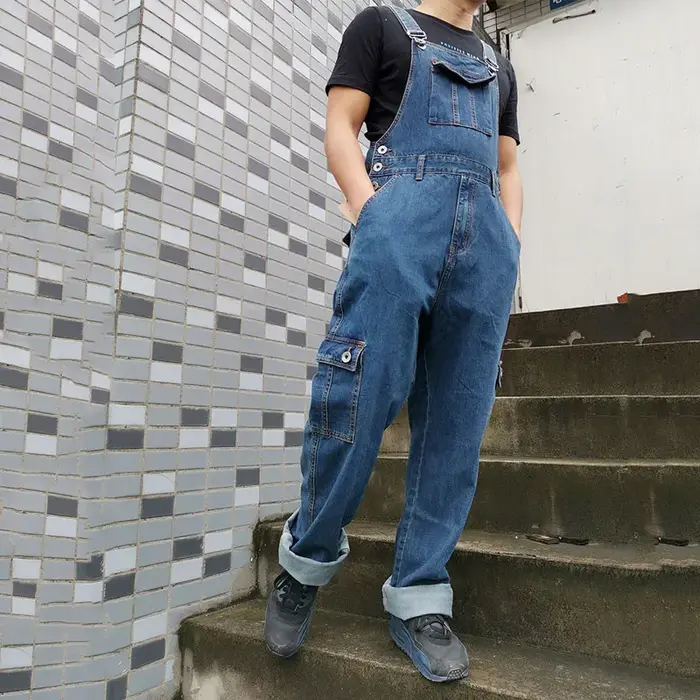 Combinaison Salopette pour Homme, Grande Taille, Bretelles Droites, Jean Bleu avec 7 Poches