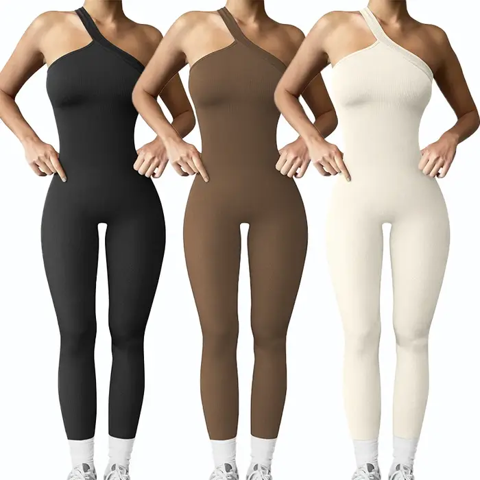 Combinaisons de Yoga pour femmes, côtelées, asymétrique épaule dénudée, une pièce, Sport, couleur un