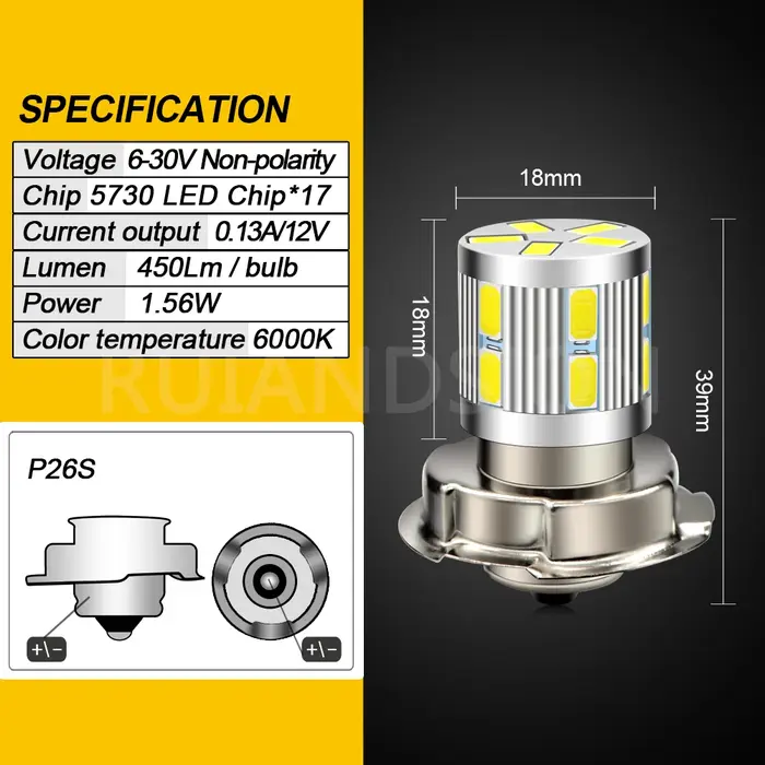 Phare de moto LED P26S 6V 12V, ampoule S3 LED avec puce 5730, lampe pour moto, VTT, UTV, cyclomoteur