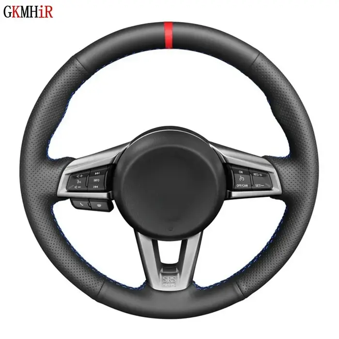 Housse de volant de voiture en cuir artificiel noir souple, cousue à la main, marqueur rouge, pour M