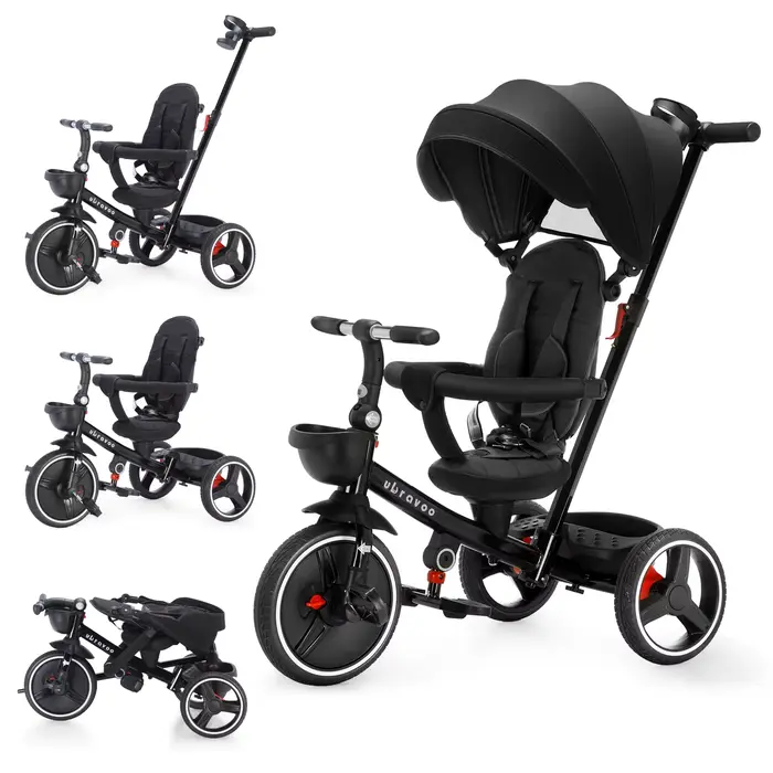 Tricycle pliable pour enfants avec poignée Parent réglable, freins de roue et capot amovible, Tricyc