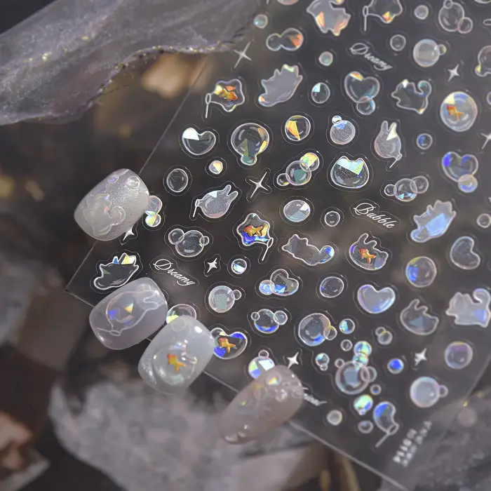 Autocollants de décoration d'ongles à bulles souffantes brillantes, coquille 5D légère, amour chat, 