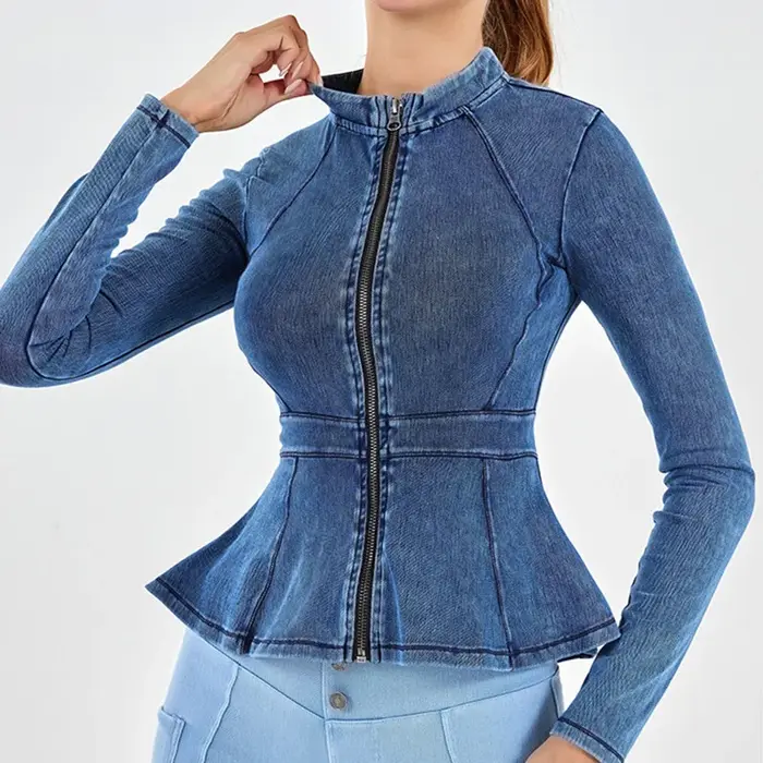 Veste en denim à fermeture éclair pour femme, manches longues, col haut, ourlet trapèze, minceur, yo