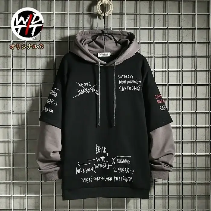 Printemps/automne hommes pull rétro faux deux pièces à capuche coréen Hip Hop imprimé sweat à capuch