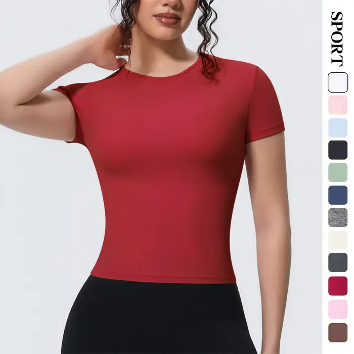 Nouveaux t-shirts de course à manches courtes pour femme, haut de sport uni, coupe ajustée, décontra
