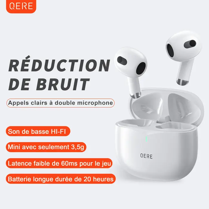 ecouteur bluetooth sans fil, QERE E28, TWS Bluetooth 5.3, microphone HD, écouteurs HIFI, pilote 13mm