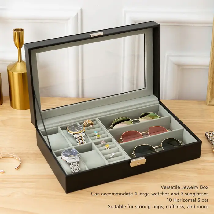 Boîte à bijoux pour hommes organisateur polyvalent pour montres lunettes et bagues avec décoration métallique pour rangement et protection des accessoires masculins