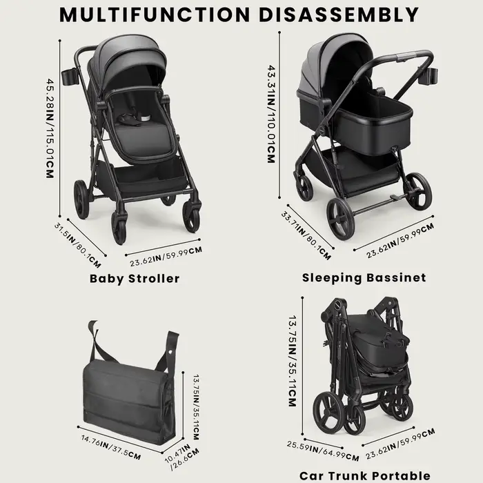Poussette pour bébé 2 en 1, landau pliable avec siège réversible, auvent réglable, panier de rangeme