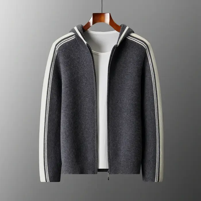 Lancement du nouveau produit: pull tricoté épais à capuche pour hommes 100% laine mérinos Cardigan à