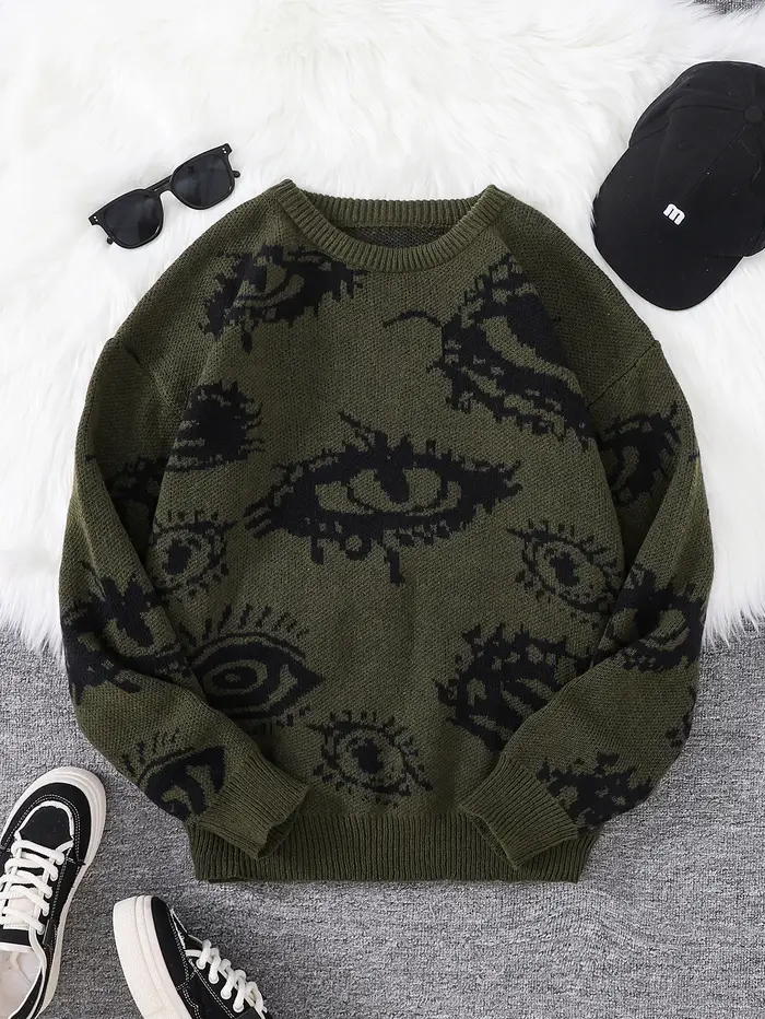 Nouveau populaire automne et hiver oeil abstrait motif Jacquard pull pull décontracté col rond trico