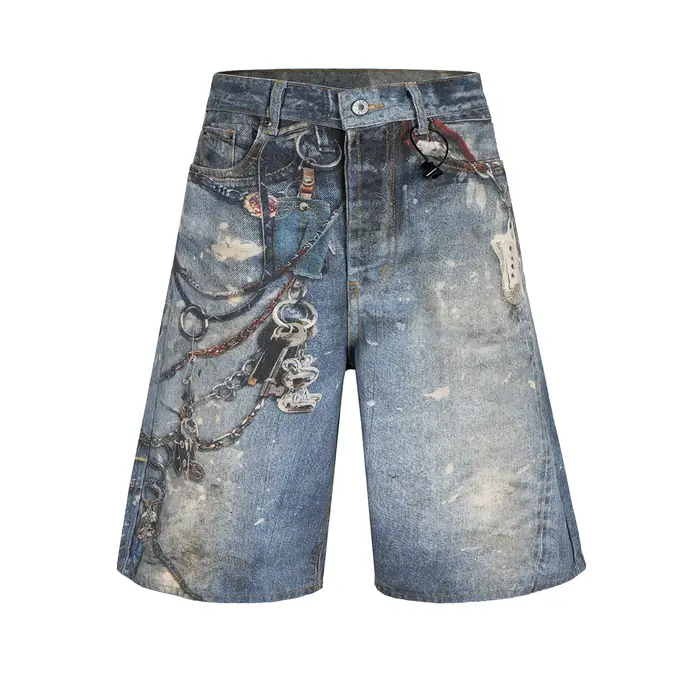 Shorts en jean baggy patchwork imprimé 3D pour hommes, style streetwear, nouvelle collection été, co