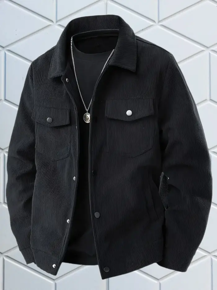 Veste en velours côtelé noir décontractée pour homme, style vintage, manches longues, boutonnée